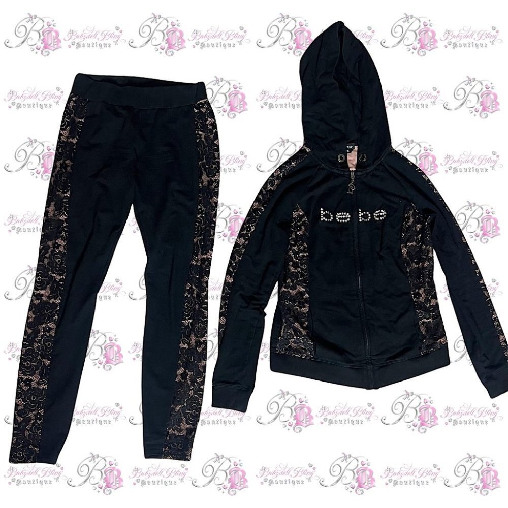 Bebe set 2 piece sweater and pants bling rhinestone diamonds black tan lace